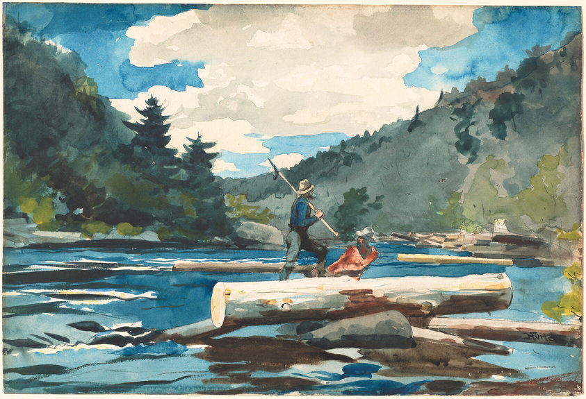 This painting shows a body of water in between wooded mountains. On top of the water there are several long wooden logs with people on them. One of the people stands atop a large log, while the other appears to sit or recline. The people both wear hats, and one of them holds a long stick with a pointed end. The water is a vibrant blue, and the logs are in shades of brown, tan, and yellow. The forest behind the water has trees in shades of dark and light green. The sky has clouds in white and gray against a blue background. The brushstrokes in the artwork are loose, and some of the colors bleed into one another.