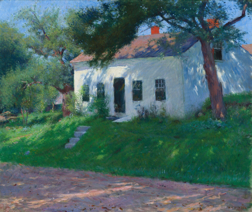 This painting depicts a white house in a lush green setting. The house has dark windows and a red chimney, partially obscured by trees that cast dappled shadows on the house's facade. The front door appears to be open. A light brown path runs parallel to the house at the bottom of the image, and small gray steps lead up the grass towards the house. The color palette includes vibrant greens for the foliage and a light blue for the sky behind the house. The brushstrokes are loose and impressionistic, creating a soft and textured appearance in the trees, grass, and building.