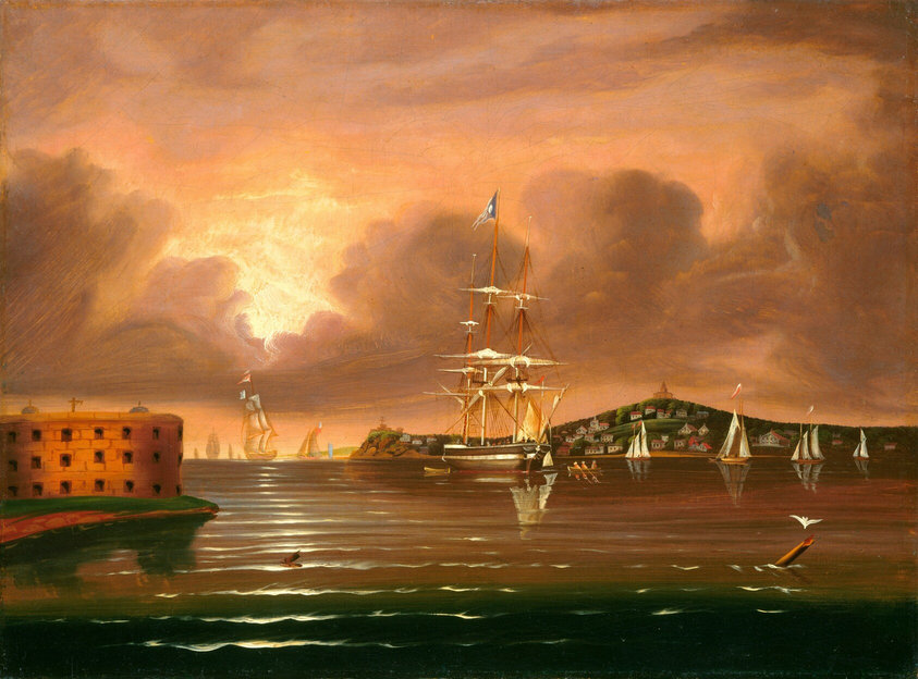 This painting depicts a coastal scene with a perspective from the water. There are dark, billowing gray clouds above the horizon, and the sky is pale orange. Below, large sailboats are on the dark water, as well as some smaller rowboats and a few pieces of driftwood. The water reflects the ships and the colors of the sky. On the left is a low stone building on a bit of green land, and there is a green hill in the distance on the right, covered with houses and small buildings.