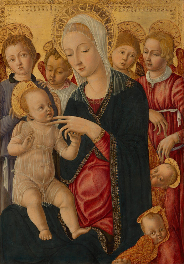 This painting shows a woman sitting and cradling an infant on her lap. The woman faces slightly left and looks down at the child with a slight smile. She has pale skin and golden hair covered by a semi-translucent white veil. She wears a red garment with gold embroidery and a dark blue cloak with gold trim and a star-shaped brooch on her shoulder. The infant has curly golden hair and is dressed in a sheer garment, looking up towards the woman. Surrounding these two people are more people with wings and cherubic children with the bodies of red-and-gold birds. All of these people have pale skin and golden hair, and they wear colorful robes in shades of red, white, and light blue. Everyone in the painting has a golden halo around their head, and the background is a decorative golden surface with intricate patterns around the edge of the painting.