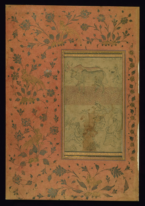 This drawing, Walters manuscript leaf W.749, was executed in Safavid Iran, most probably in the late 10th century AH/AD 16th, in Qazvin or Isfahan. Above, a farmer plows; below, a seated young man watches a produce seller weigh his purchase. On the rocks in the center foreground is inscribed the name of one of the most famous painters in Iran in the 11th century AH/AD 17th, Riza 'Abbasi (active 1001-1044 AH/AD 1591-1592 to 1634). As the handwriting does not match that of the artist, an admirer of Riza's work seems to have attributed the drawing to him. The execution and the bucolic subject matter of this drawing relate closely to the oeuvre of the Persian artist Muhammadi Haravi (active late 10th century AH/AD 16th), who worked in Qazvin. It is possible that this composition was conceived as a manuscript page.