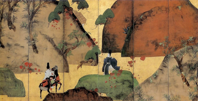 screen by Fukae Roshu "Narrow ivy road". Six-fold screen, color on gold leafed paper, Important Cultural Property