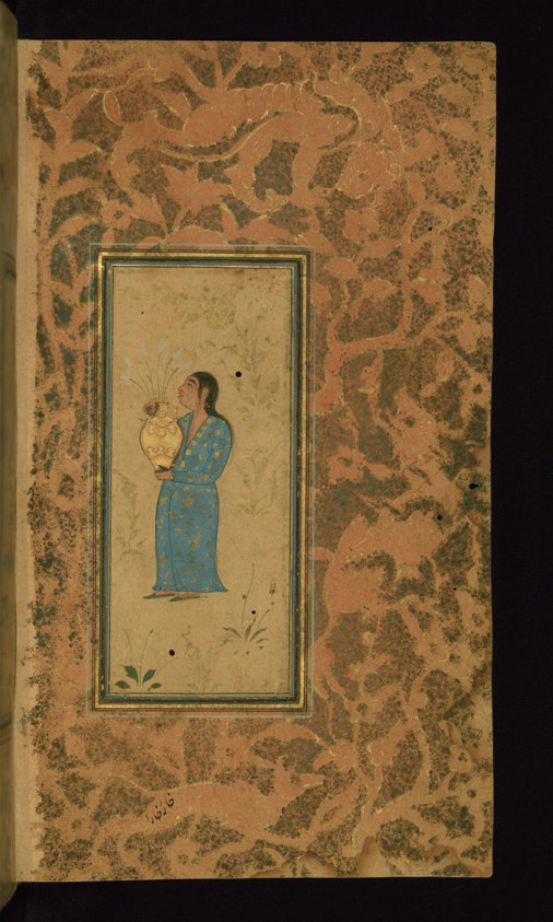 On this folio from Walters manuscript W.653, a middle-aged woman stands in a landscape, holding a vase of flowers. The salmon pink margins are stenciled with animal and floral forms. The catchword at the lower left indicates that the following folio is missing.