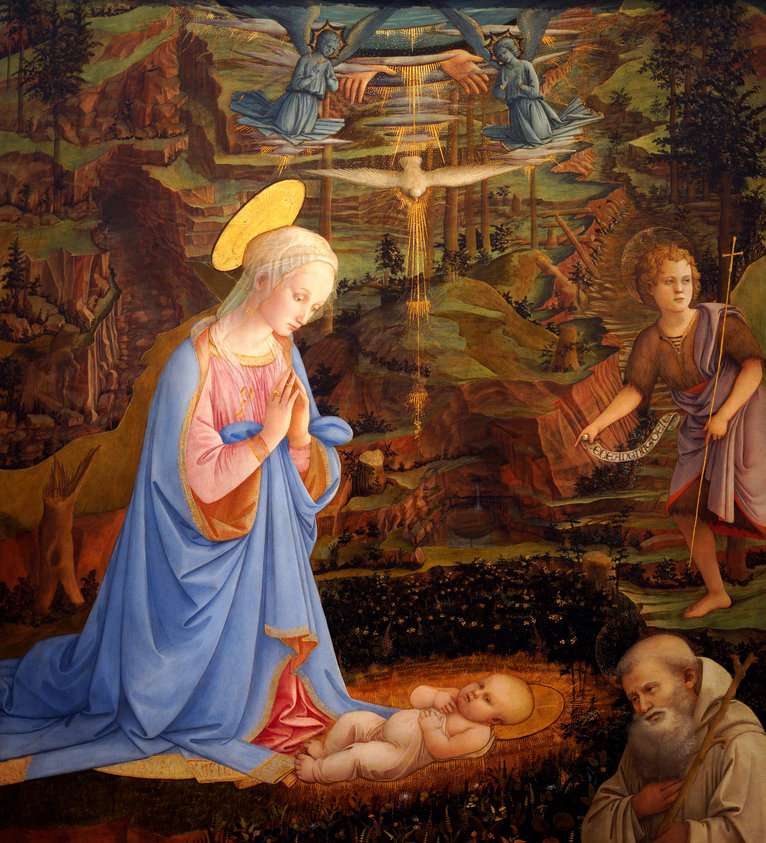 Adoration of the Christ child with the young St. John the baptist,St. Romuald,angels,the hands of God the Father and the Holy Ghost as a dove - Filippo Lippi