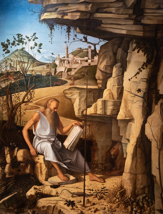 BELLINI, Giovanni St Jerome Reading in the Countryside Oil on wood, 151 x 113 cm Galleria degli Uffizi, Florence