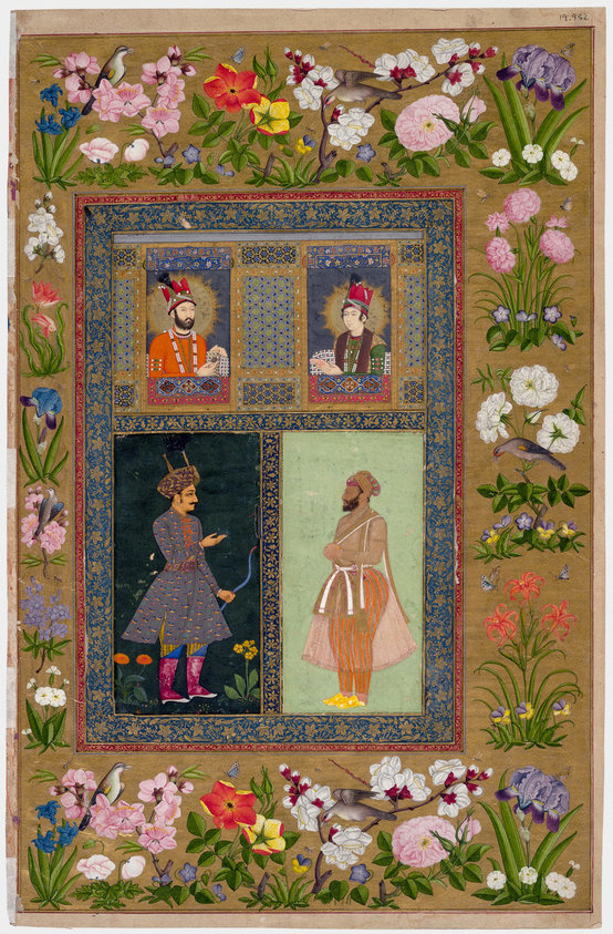Four Portraits from the St. Petersburg Album. Painters unknown, borders by Muhammad Sadiq. Top left: Nadir Shah, Iran, ca. 1740. Top right: Adil Shah, Iran, ca. 1748. Bottom left: Unidentified nobleman, Mughal school, 18th century. Bottom right: Unidentified nobleman, Mughal school, 18th century. Art Institute of Chicago 1919.952 recto