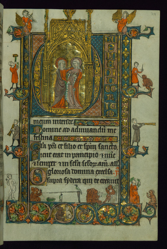 In the margins are depicted hybrid angel-musicians, a bear-trainer and musicians, apes trapping a bird, apes at school, a nude man at the far left, and an ape kneeling before a doctor with a urinal.