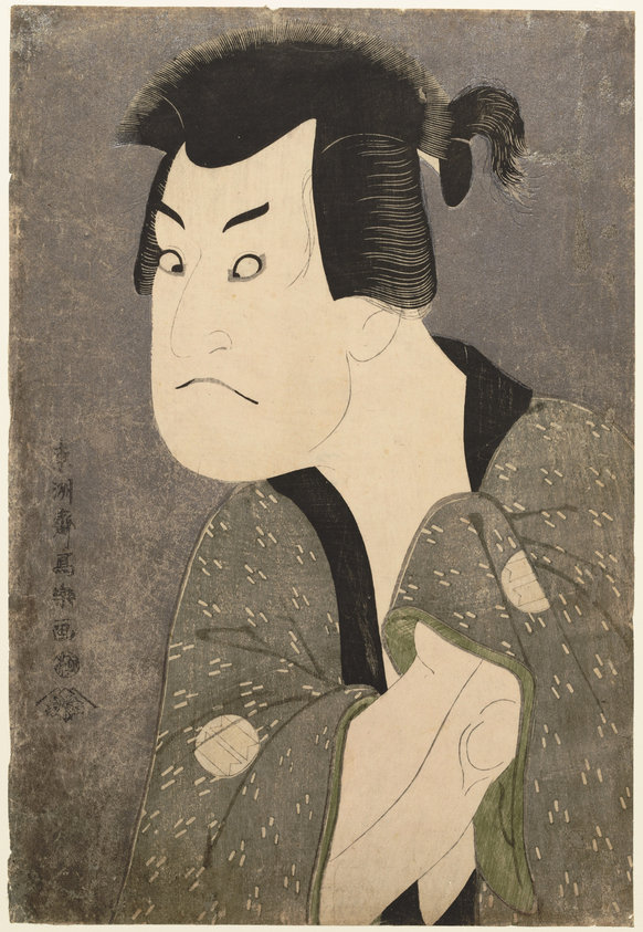 Part of the series "Portraits of actors at three theaters in Edo". This print depicts the actor Sakata Hangoro III as the villain Fujikawa Mizuemon. This is a first period print and designated collectively together with 26 other prints from the series as Important Cultural Property of Japan.