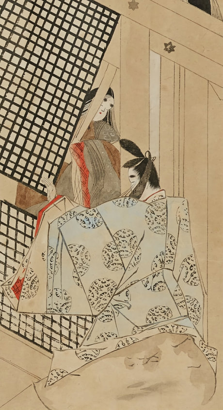 暮れて月いとおもしろきに、宮の亮、女房にあひて、とりわきたるよろこびも啓せさせむとにやあらむ、妻戸のわたりも御湯殿のけはひに濡れ、人の音もせざりければ、この渡殿の東のつまなる宮の内侍の局に立ち寄りて、「ここにや」と案内したまふ。宰相は中の間に寄りて、まだ鎖さぬ格子の上押し上げて、「おはすや」などあれど、いらへもせぬに、な大夫の、「ここにや」とのたまふにさへ、聞きしのばむもことごとしきやうなれば、はかなきいらへなどす。いと思ふことなげなる御けしきどもなり。