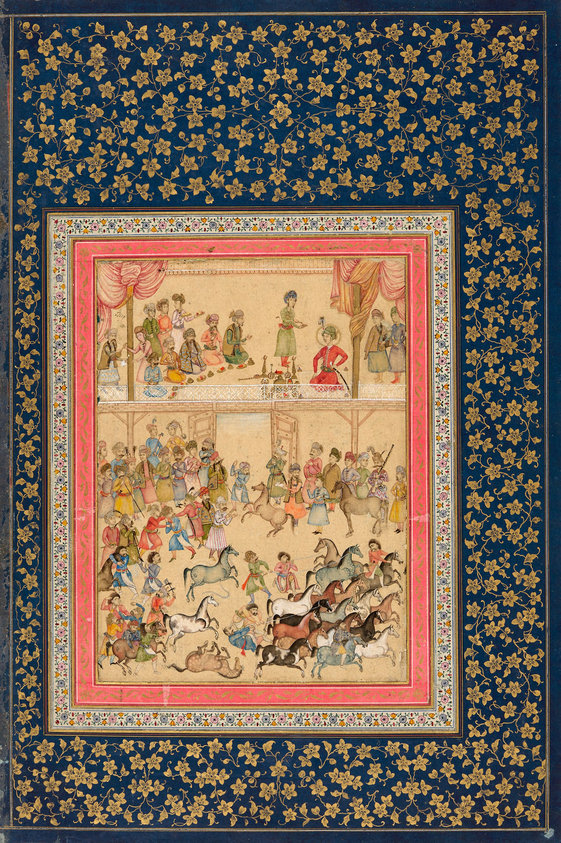The setting for the painting is the royal stables in Isfahan. The upper portion of the scene consists of a platform on which are gathered the shah, or Persian king, who appears next to the column on the right; five kneeling courtiers; and various attendants serving fruit and wine. The king is identified in the artist’s signature at the upper left as Shah ‘Abbas II, who died in 1666, but it is possible that the undated painting was executed after his death. The ruler’s status is emphasized by his golden halo and by the opulent gold and jeweled vessels placed before him. The lower portion shows a roundup of horses who bear the trident-like royal brand on their flanks; they move in a spiral that coils counterclockwise from the upper right. The scene bursts with energy and looks chaotic—a brawl is taking place at the lower left—but the courtiers and handlers seem to be getting control of the animals. The figures on the platform, meanwhile, pay no attention to the commotion below. The painting represents a new journalistic, even anecdotal approach to Persian painting introduced in the second half of the seventeenth century. The viewer gets the sense that the work may record a specific moment in daily life at court and that it was observed firsthand. Figures no longer conform to stock types but are highly individualized by facial features and dress. Standing just to the right of center in the upper part of the roundup scene is a man wearing a gold, fur-lined, armless jacket. He holds a list and is writing notes while conferring with a young man in a blue robe. The man taking notes may well be the supervisor of the royal stud, one of whose responsibilities was to inspect the king’s stables and keep an inventory of the animals.