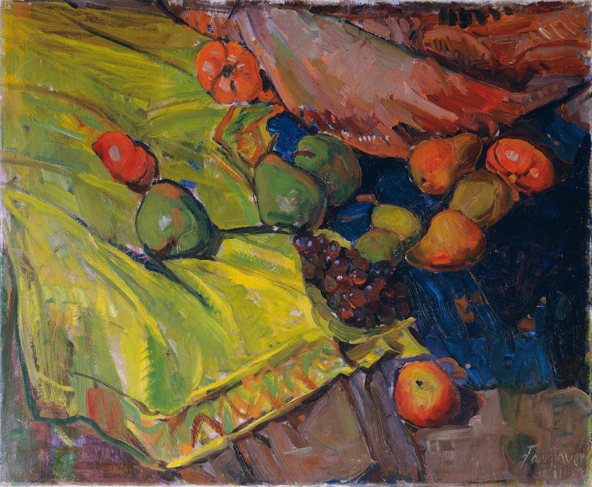 Still-life with fruits on green cloth