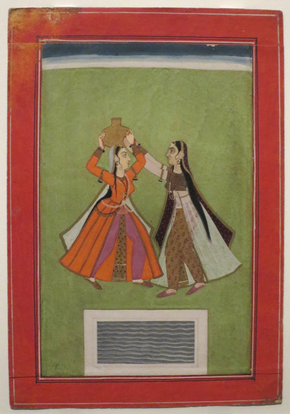 Heer Ranjha: Lady with Water Jug on her Head and Lady Holding out her Arms, Jodhpur school, India, c. mid-18th century, opaque watercolor on paper, Tokyo National Museum